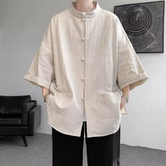 3/4-Sleeve Mandarin Collar Plain Frog Button Shirt