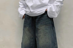 High Rise Washed Loose Fit Wide Leg Denim Jorts