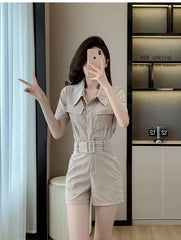 Short-Sleeve Collared Plain Belted Romper