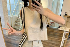 Crew Neck Plain Frayed Crop Tank Top / High Rise Wide Leg Pants