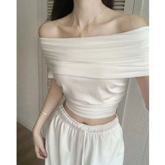 Off Shoulder Short Sleeve Plain Cropped Top