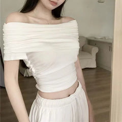 Off Shoulder Short Sleeve Plain Cropped Top