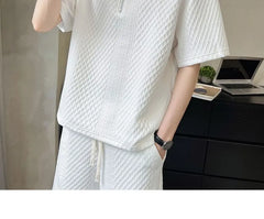 Set: Elbow-Sleeve Plain Textured Half-Zip Polo Shirt + Drawstring Waist Wide Leg Sweat Shorts