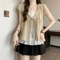 Short Sleeve Scoop Neck Mock-Two Piece Tie Front Layered Blouse