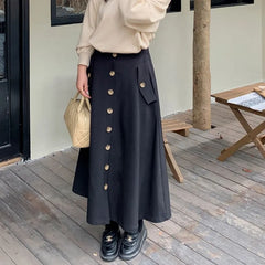 [XL-4XL] High Waist Plain Buttoned Maxi A-Line Skirt