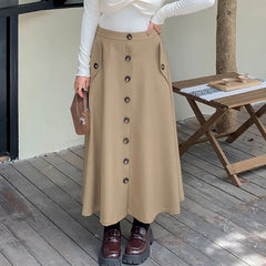 [XL-4XL] High Waist Plain Buttoned Maxi A-Line Skirt