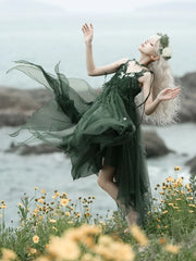 Set: Spaghetti Strap Leaf Accent Bow Asymmetrical Midi A-Line Dress +  Choker