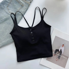 Spaghetti Strap Scoop Neck Henley Cropped Cami Top