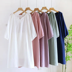 Elbow-Sleeve Notch Neck Plain Pajama Dress