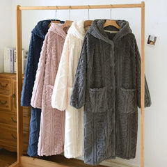Couple Matching Jacquard Hooded Button-Up Fleece Pajama Robe (Various Designs)