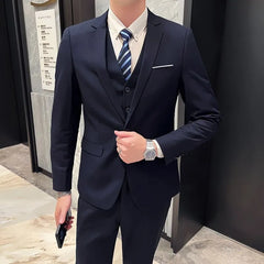 Set: Lapel Collar Plain Single Breasted Blazer + Mid Rise Plain Dress Pants + V-Neck Plain Single Breasted Vest