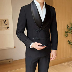 Set: Shawl Collar Plain Double Breasted Blazer + Mid Rise Plain Wide Leg Dress Pants