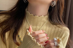 Ruffle Mock Neck Plain Ribbed Knitted Top