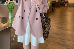 Plain Double-Breasted Blazer / Spaghetti Strap Tiered Mini A-Line Dress