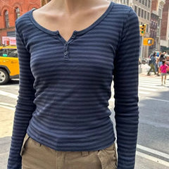 Long Sleeve Half-Button Striped Slim-Fit Crop Top