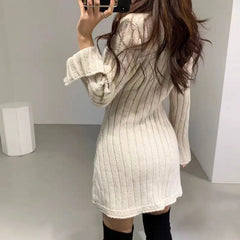 Long-Sleeve V-Neck Plain Cable Knit Button-Up Mini A-Line Dress