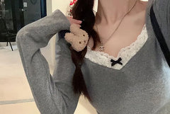 Long Sleeve Square-Neck Lace-Trim Accent Slim-Fit Top
