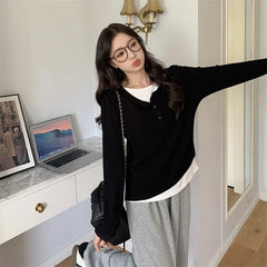 Long Sleeve Mock Two Piece Color-Block Loose-Fit Tee
