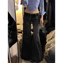 Low Waist Washed Bell Bottom Cargo Jeans