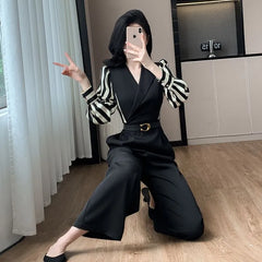 Long-Sleeve V-Neck Striped Panel Wide Leg Jumpsuit