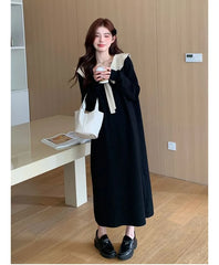 Maternity Long Sleeve Collared Two Tone Bow Midi A-Line Breastfeeding Dress