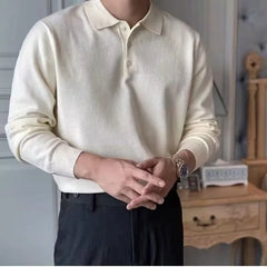 Long Sleeve Open Placket Plain Knit Polo Top