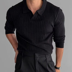 Long Sleeve Open Placket Plain Knit Polo Top