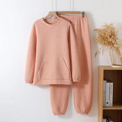 Pajama Set: Crew Neck Houndstooth Sweatshirt + Elastic Waist Straight Leg Pants