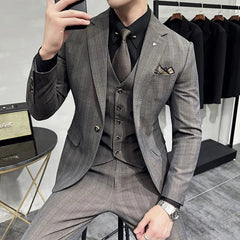 Set: Notch Lapel Plaid Single-Button Blazer + Single-Breasted Vest + Mid Rise Cropped Tapered Dress Pants