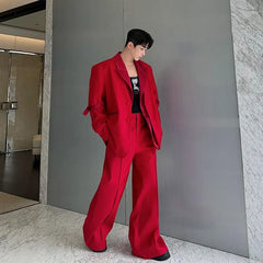 Set: Plain Sing-Breasted Blazer + High Waist Wide Leg Pants