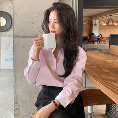 Long-Sleeve Striped Contrast Trim Button-Up Shirt