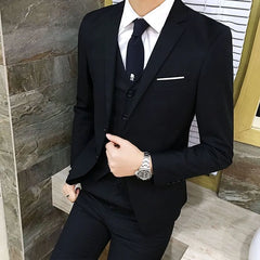 Set: Lapel Collar Plain Single Breasted Blazer + V-Neck Vest + Mid Rise Dress Pants