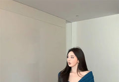 Long Sleeve V-Neck Plain Ribbed Knit Wrap Top / High Waist Plain Shorts / Neckerchief