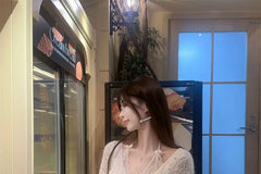 Halter V-Neck Plain Bow Lace Top / V-Neck Pointelle Cardigan