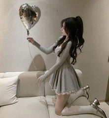 Long-Sleeve Lace Trim Mini A-Line Dress