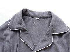 Pajama Set: Long-Sleeve Lapel Collar Contrast Trim Button-Up Top + Pants