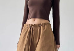 Drawstring Waist Plain Ruched Baggy Cargo Pants