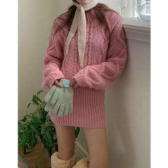 Round Neck Plain Cable Knit Mini Sheath Sweater Dress