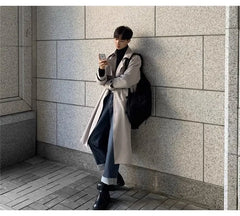 Lapel Collar Plain Double-Breasted Long Trench Coat
