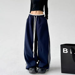Drawstring Waist Ruffled-Trim Striped Baggy Sweatpants