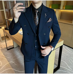 Set: Peak Lapel Plain Double-Breasted Blazer + V-Neck Single-Breasted Vest + High Waist Straight Leg Dress Pants