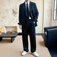 Lapel Collar Pinstriped Double Breasted Blazer / Mid Rise Wide Leg Dress Pants