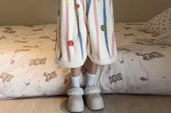 Striped Dotted Hood Pom Pom Coral Fleece Button Robe