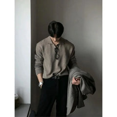 Long-Sleeve Plain Knit Polo Shirt