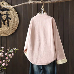Mandarin Collar Plain Fleece-Lined Frog Button Jacket
