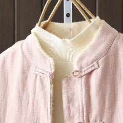 Mandarin Collar Plain Fleece-Lined Frog Button Jacket