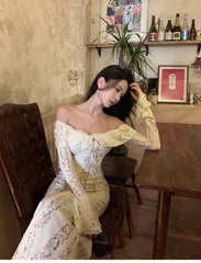 Long Sleeve Off Shoulder Plain Tie Front Lace Maxi Sheath Dress