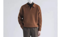 Polo Neck Drop Shoulder Plain Waffle Knit Sweater