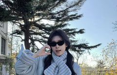 Striped Fleece Padded Button Jacket / Scarf