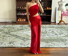 Sleeveless One Shoulder Plain Cutout Bodycon Maxi Dress